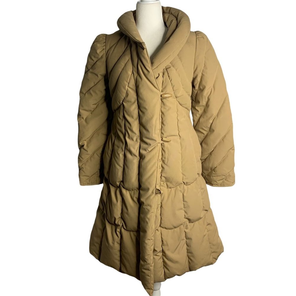 Vintage 80s Snowbird Goose Down Coat XS Tan Quilted Puffer High Collar Button Zi